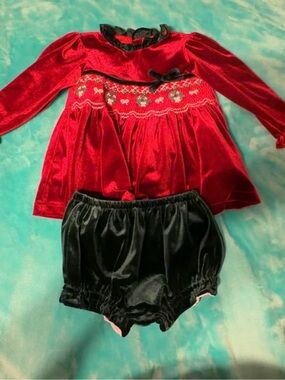 Red Velvet Smocked Dress with Green Bloomers